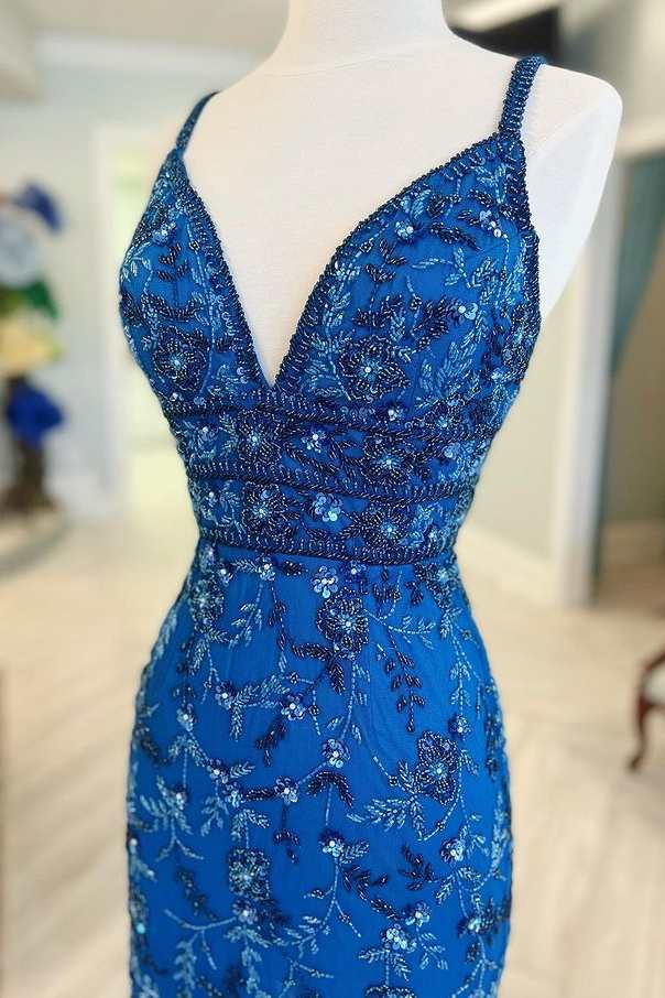 Blue Floral Lace V-Neck Lace-Up Short Homecoming Dress