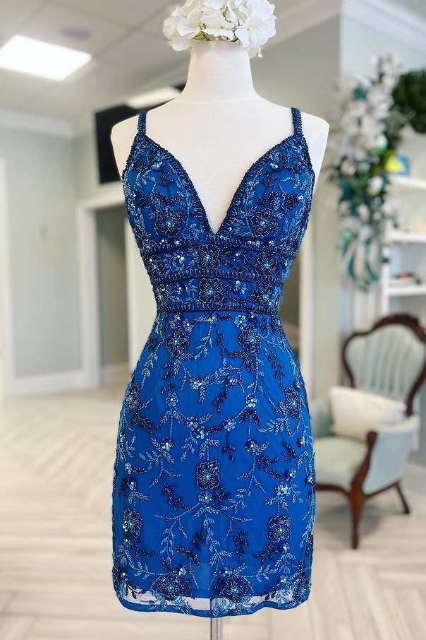 slim fit dress slacks Blue Floral Lace V-Neck Lace-Up Short Homecoming Dress – Modsele