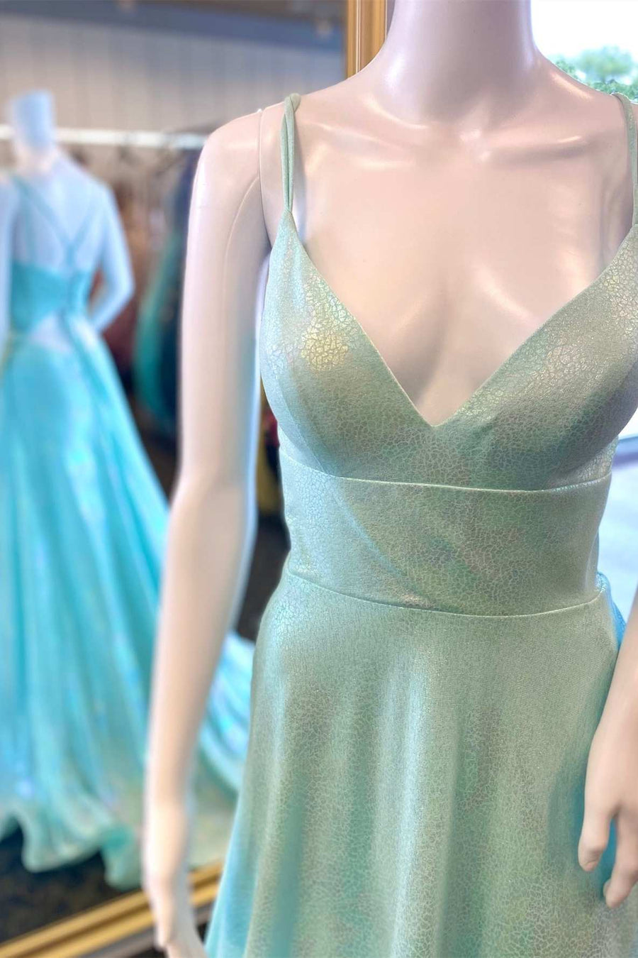 Mint Green V-Neck Lace-Up A-Line Long Prom Dress