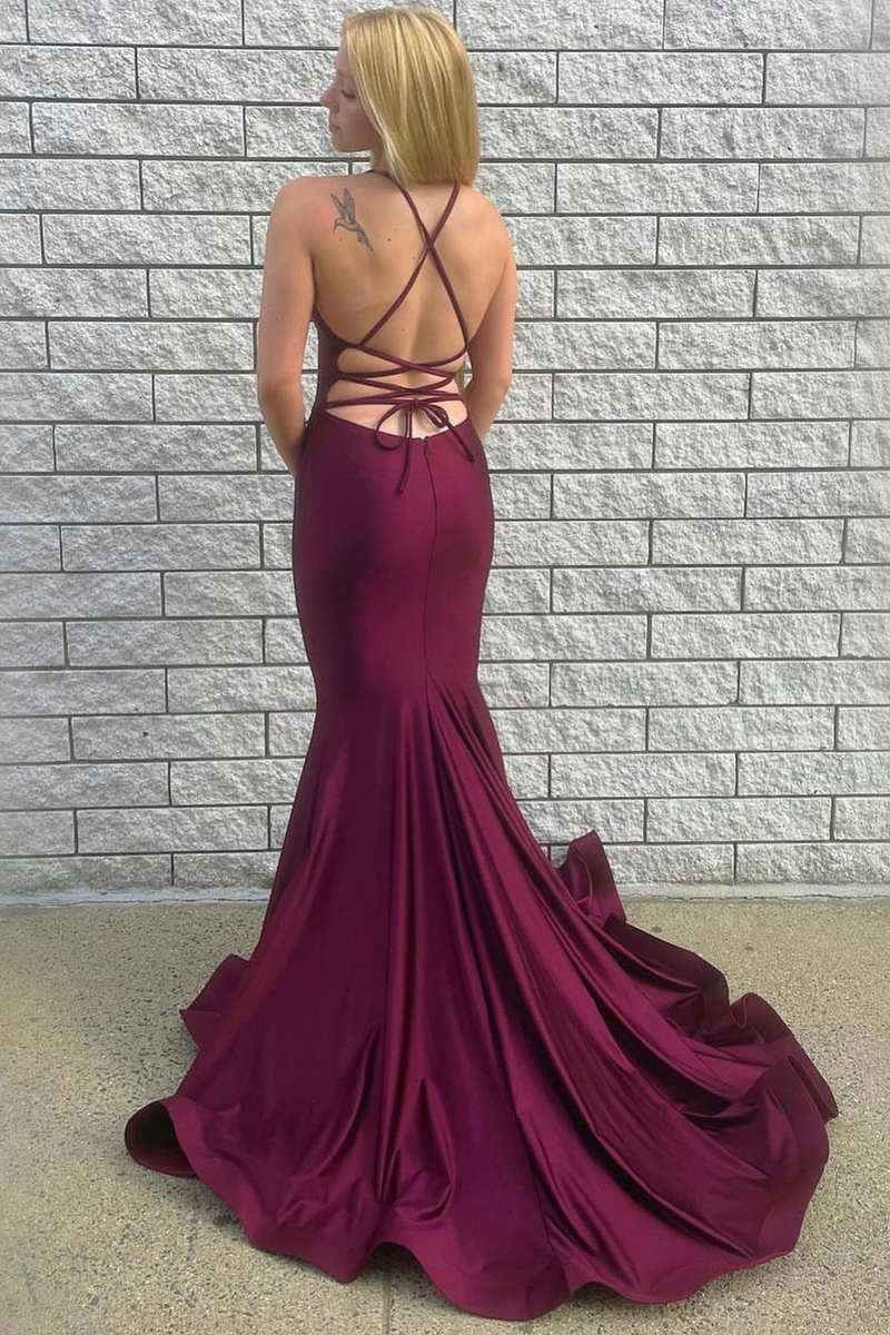 Burgundy V-Neck Lace-Up Back Trumpet Long Prom Gown