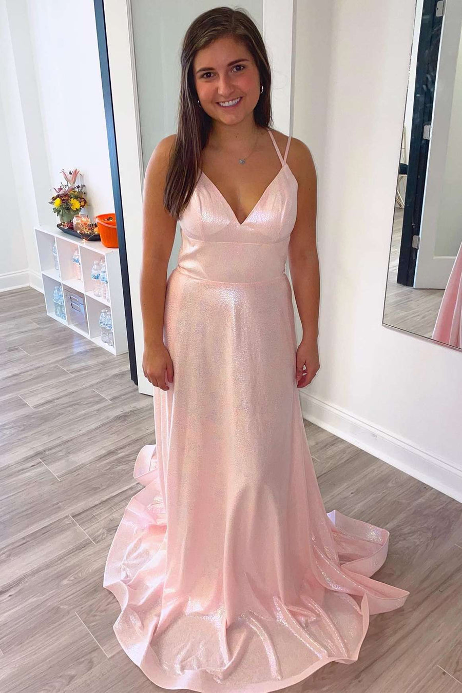 Pink V-Neck Lace-Up Back Long Prom Dress