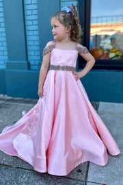 Pink Satin Beaded Belted A-Line Girl Pageant Dress