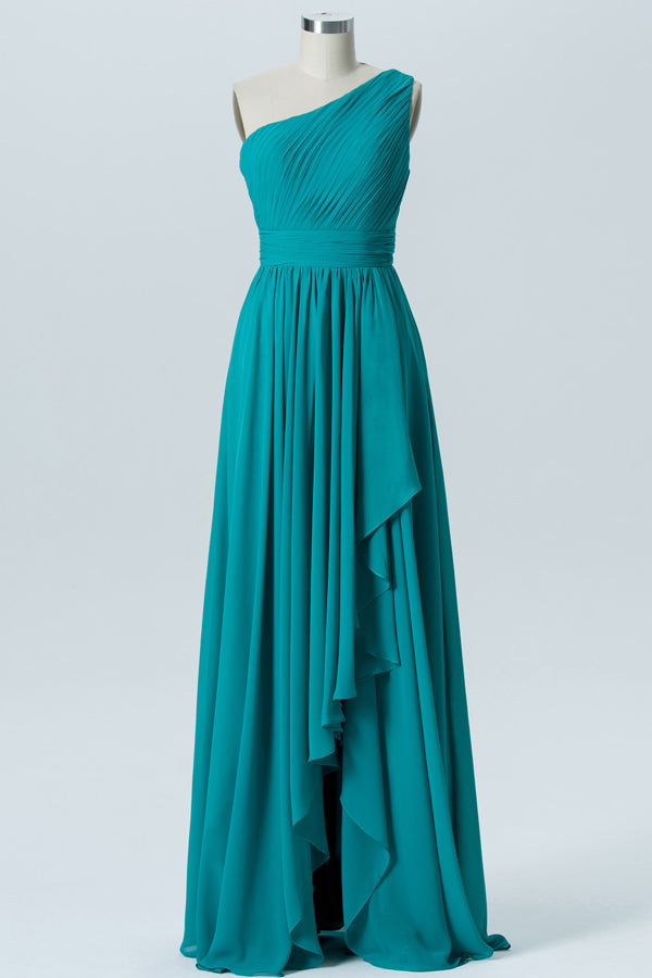 Turquoise Chiffon One-Shoulder Ruffled Bridesmaid Dress