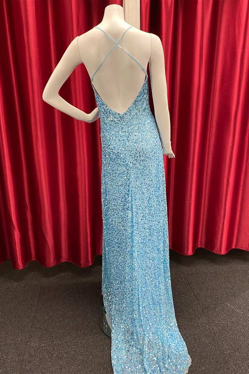 Blue Sequin V-Neck Backless Long Prom Dress with Slit