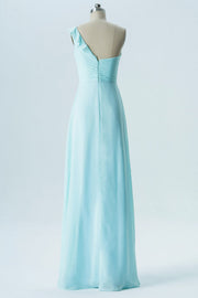 Light Blue One-Shoulder Ruffled Bridesmaid Dress