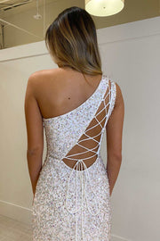 Silver Sequin One-Shoulder Lace-Up Back Long Formal Dress with Slit