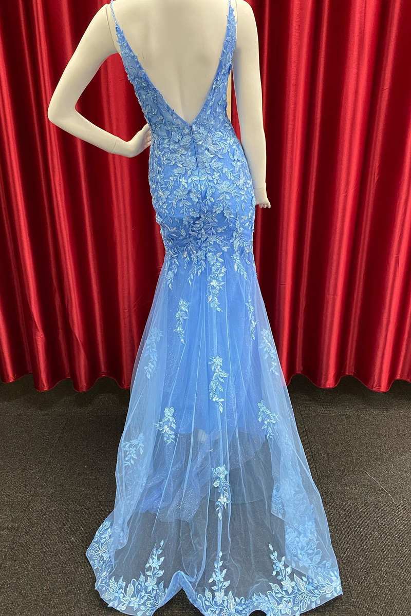 Blue Applique V-Neck Backless Mermaid Long Prom Dress