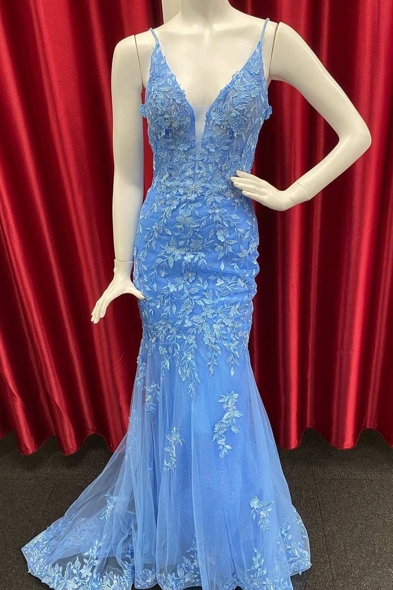 Blue Applique V-Neck Backless Mermaid Long Prom Dress