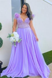 Lavender Plunging Off-the-Shoulder Feathers Appliques Long Prom Dress