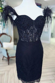 Black Lace Sweetheart Feathers Short Homecoming Dress