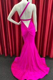 One-Shoulder Hot Pink Twist-Back Trumpet Long Prom Dress
