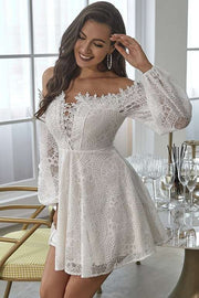 Off-White Lace Off-the-Shoulder Long Sleeve A-Line Party Dress