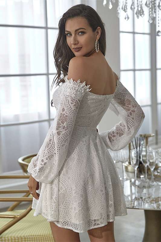 Off-White Lace Off-the-Shoulder Long Sleeve A-Line Party Dress Modsele Off-White Lace Off-the-Shoulder Long Sleeve A-Line Party Dress Modsele
