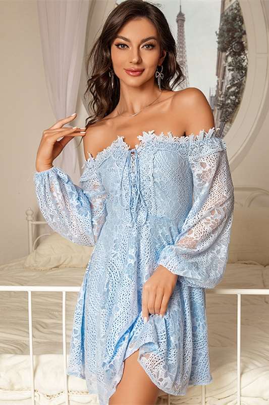 Off-White Lace Off-the-Shoulder Long Sleeve A-Line Party Dress