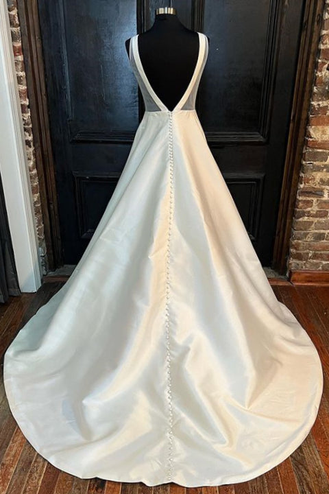 White Satin Plunging Neck Bow-Back A-Line Long Wedding Dress Modsele White Satin Plunging Neck Bow-Back A-Line Long Wedding Dress Modsele