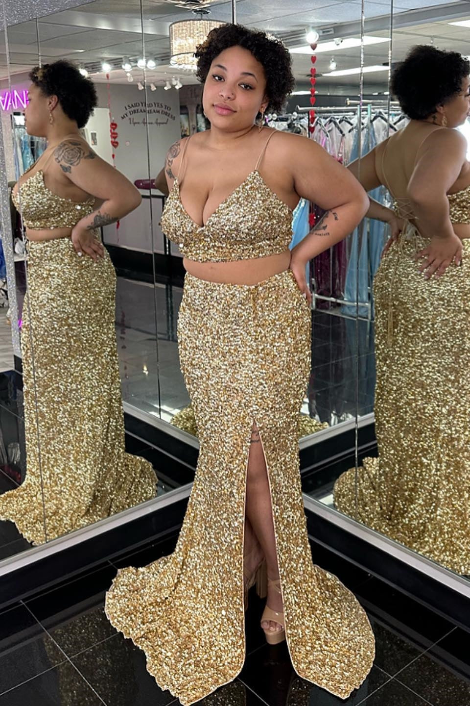 Two Piece Spaghetti Straps Sequins Mermaid Slit Prom Dress