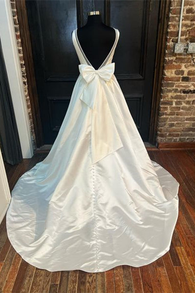 White Satin Plunging Neck Bow-Back A-Line Long Wedding Dress