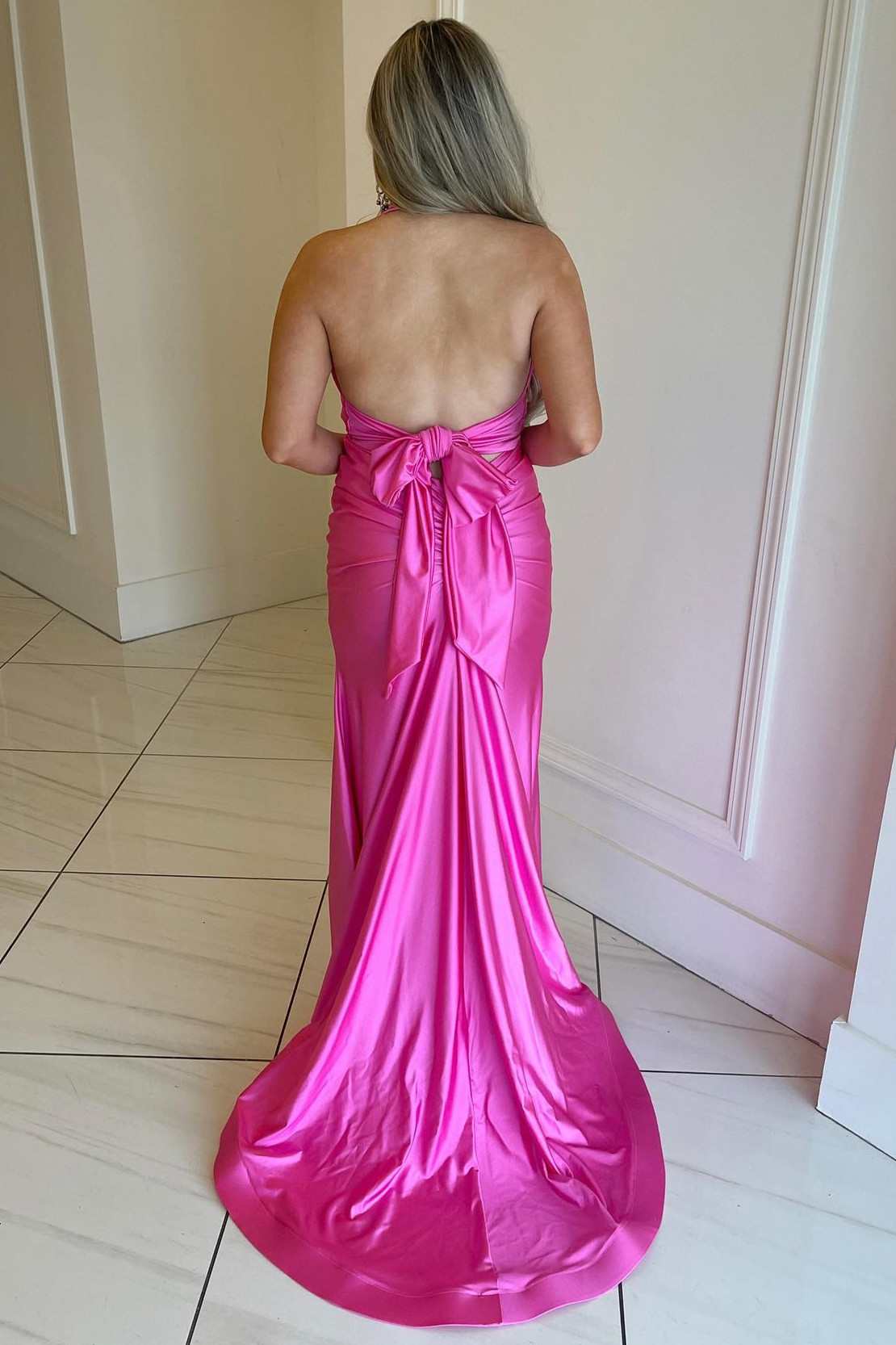 Fuchsia Halter Tie-Back Mermaid Long Prom Dress