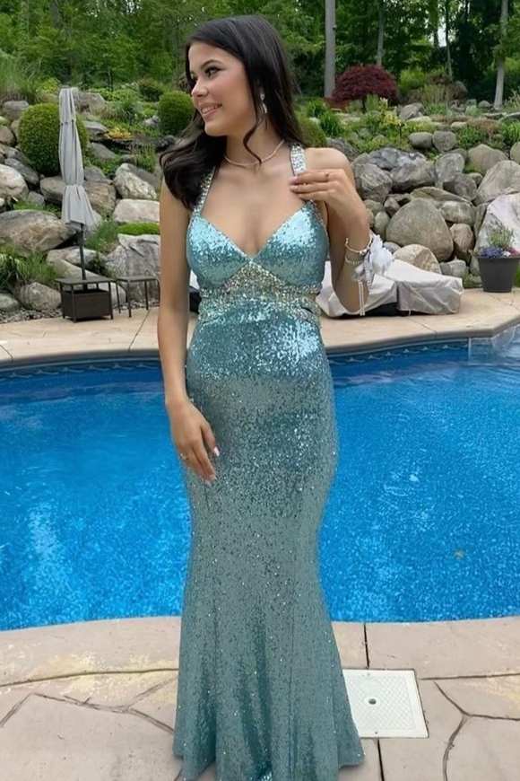 Tiffany Blue Sequin V-Neck Cutout Back Mermaid Long Prom Dress