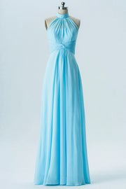 Light Blue High Collar Twist-Front Bridesmaid Dress