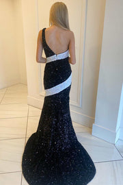 Black and White Sequin One-Shoulder Mermaid Long Prom Gowm