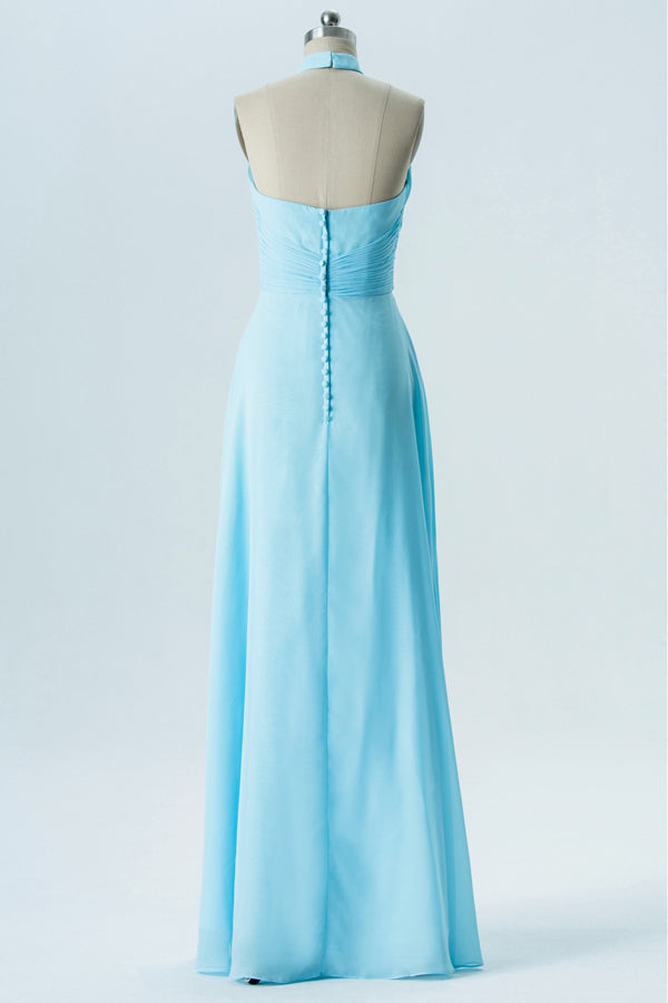 Light Blue High Collar Twist-Front Bridesmaid Dress