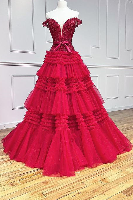 Princess Tulle Off-the-Shoulder Tiered A-Line Prom Gown