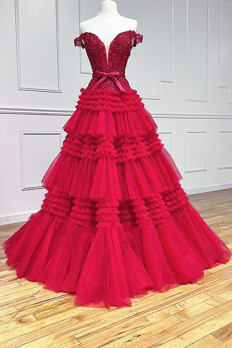 Princess Tulle Off-the-Shoulder Tiered A-Line Prom Gown Modsele Princess Tulle Off-the-Shoulder Tiered A-Line Prom Gown Modsele
