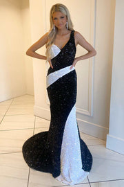 Black and White Sequin One-Shoulder Mermaid Long Prom Gowm