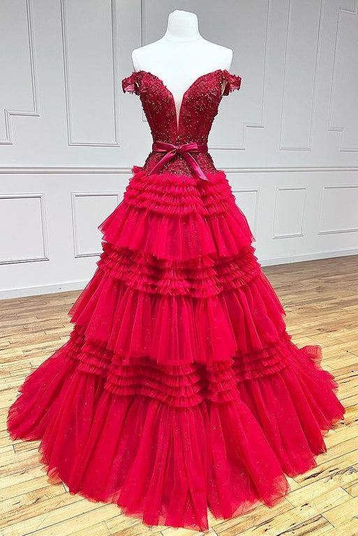 Princess Tulle Off-the-Shoulder Tiered A-Line Prom Gown – Modsele