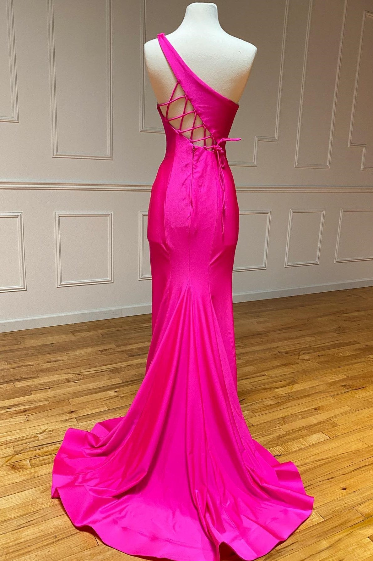 One-Shoulder Neon Pink Mermaid Long Formal Dress