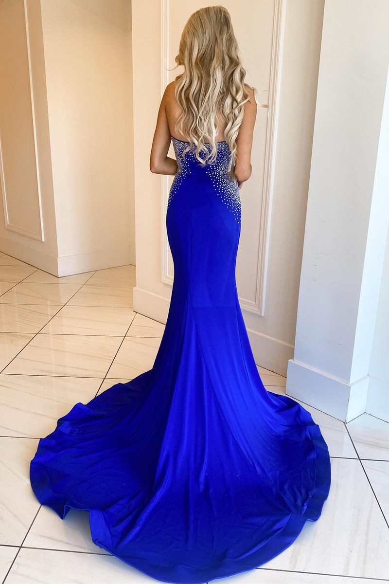 Blue Beaded One-Shoulder Backless Mermaid Long Prom Gown