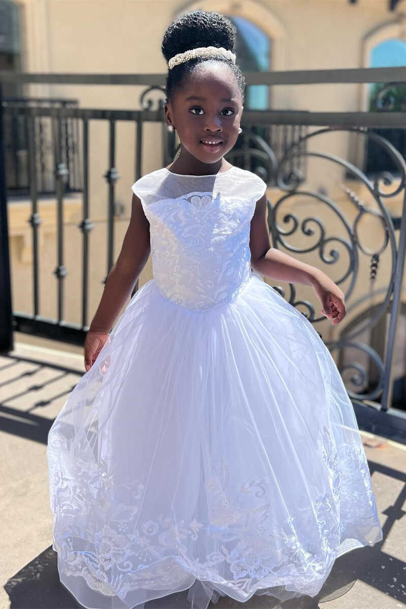 Cute Pink V-Neck Floral Long A-Line Flower Girl Dress, FGS0039 main image 0