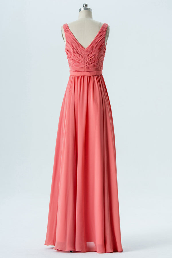 Coral Pink Chiffon Sleeveless Ruffled Bridesmaid Dress