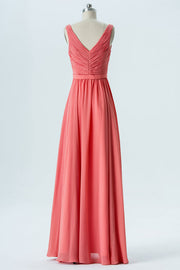 Coral Pink Chiffon Sleeveless Ruffled Bridesmaid Dress