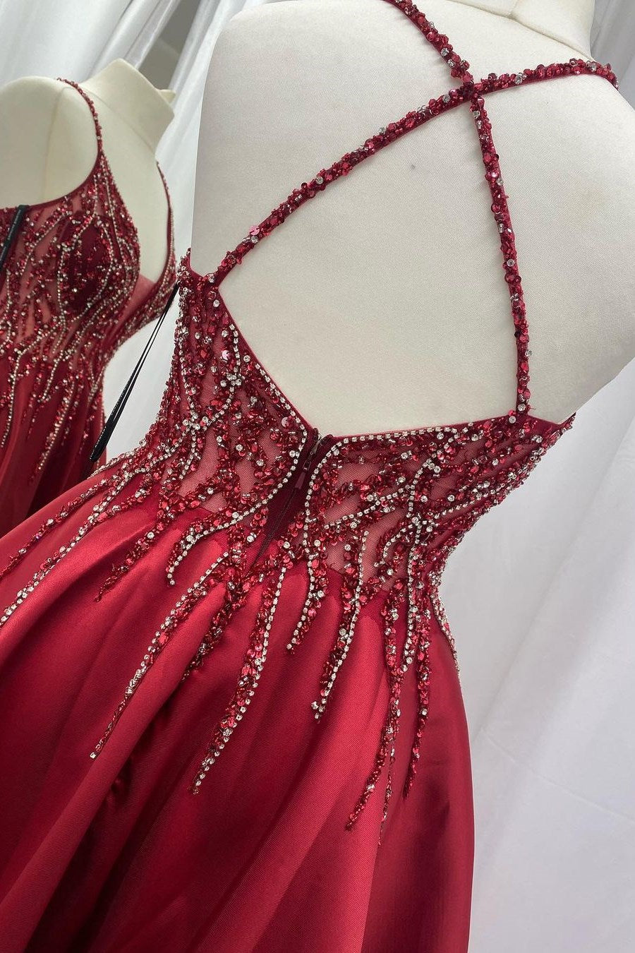 Red Satin Beaded V-Neck Backless Long Prom Dress