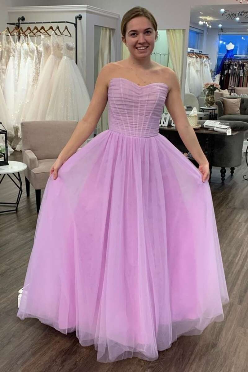 A-Line Lilac Ruched Strapless Prom Dress