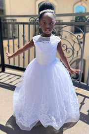 Pure White Tulle Cap Sleeve A-Line Flower Girl Dress