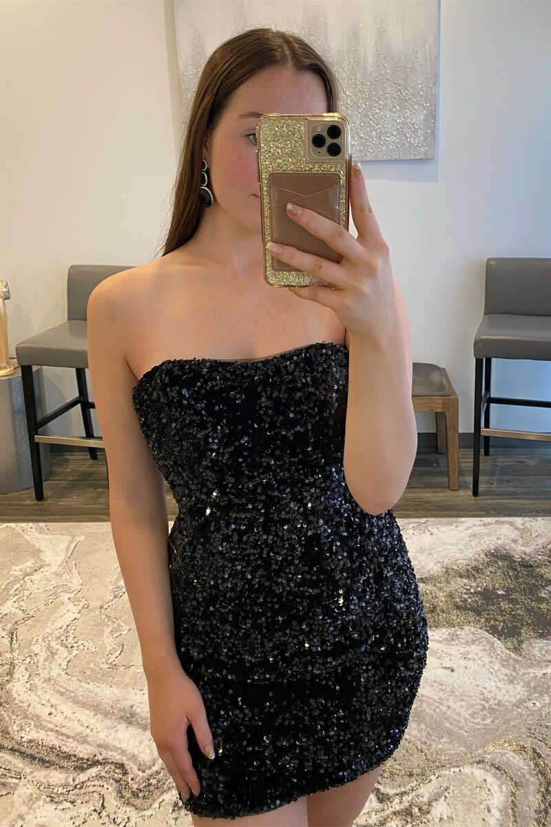 Black Sequined Strapless Mini Homecoming Dress