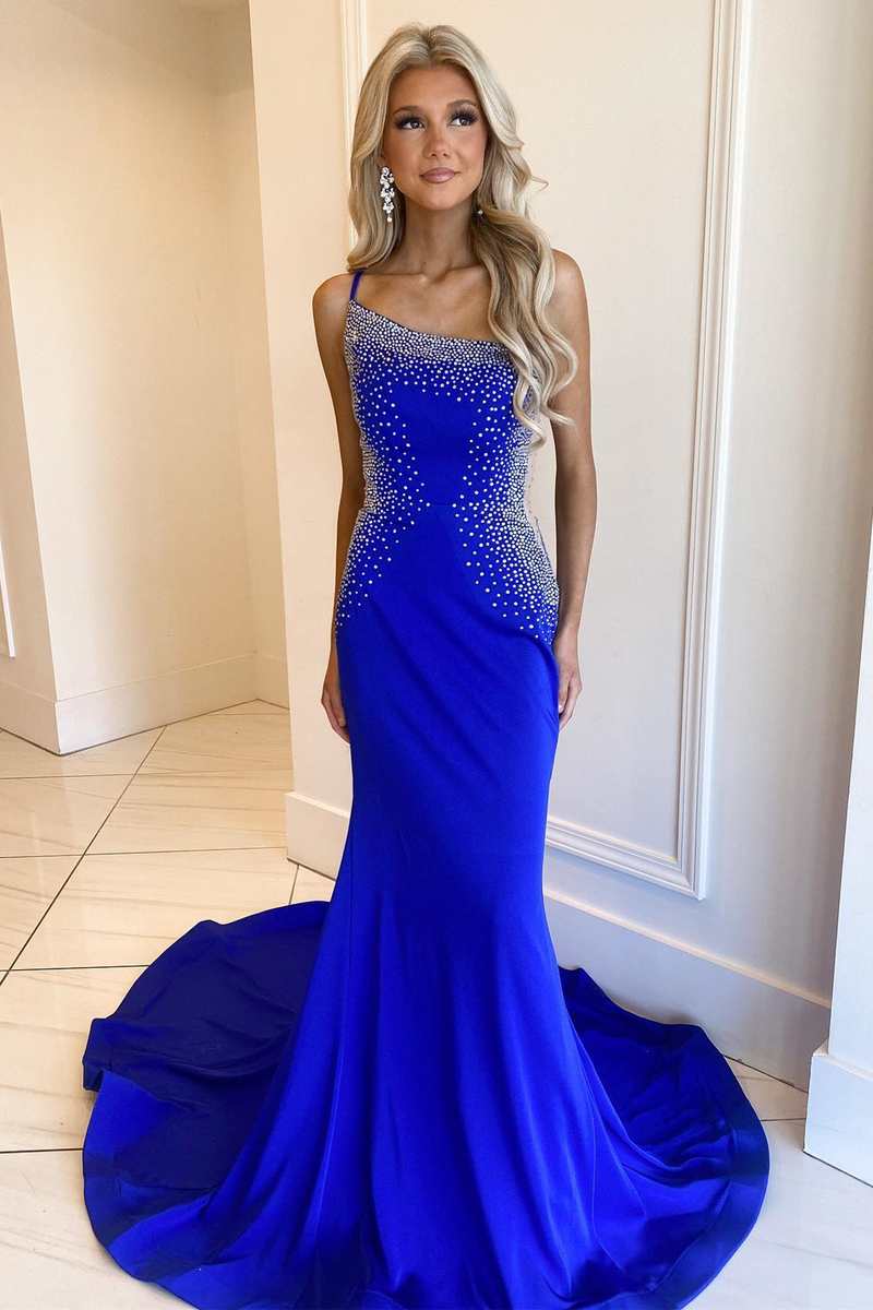 Blue Beaded One-Shoulder Backless Mermaid Long Prom Gown