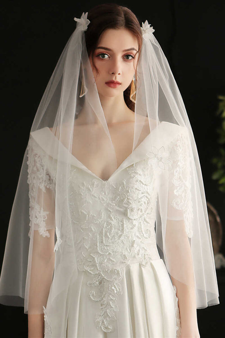 White Mesh Floral Lace Bridal Veil