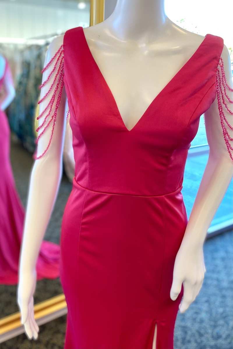 Elegant Red Fringes V-Neck Long Prom Dress with Slit