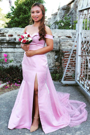 Pink Off-the-Shoulder Mermaid Long Bridesmaid Dress with Slit