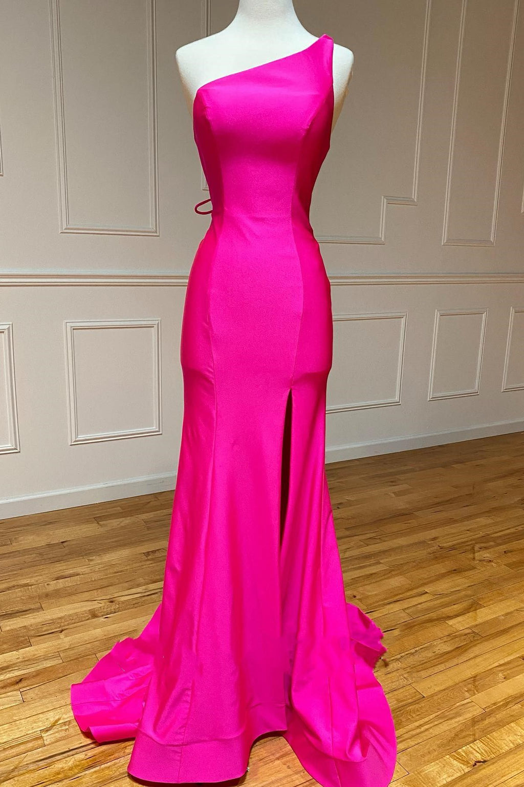 One-Shoulder Neon Pink Mermaid Long Formal Dress – Modsele