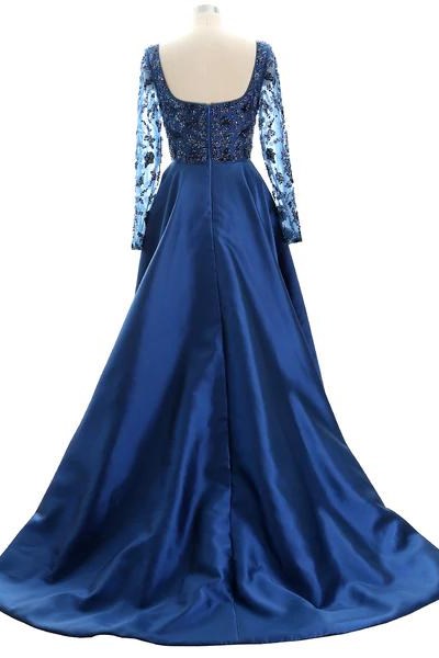 Navy Blue Satin Beaded Square High-Low Mother of the Bride Dress