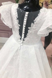 A-Line Pleated Ruffled Sleeve Lace Appliqués Flower Girl Dress