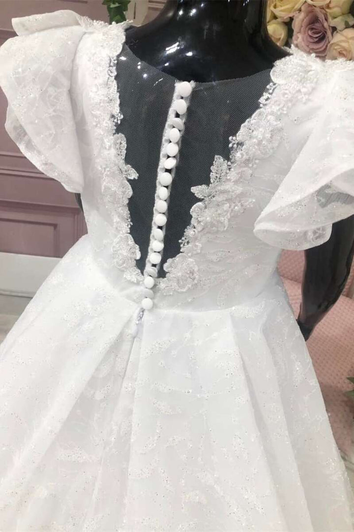 A-Line Pleated Ruffled Sleeve Lace Appliqués Flower Girl Dress
