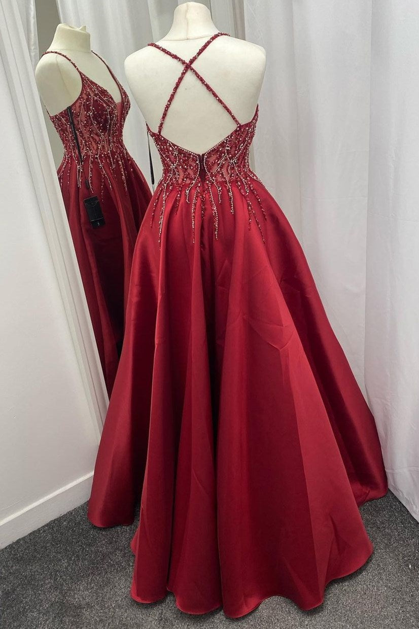 Red Satin Beaded V-Neck Backless Long Prom Dress