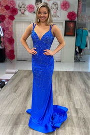 Royal Blue Beaded V-Neck Backless Mermaid Long Prom Gown