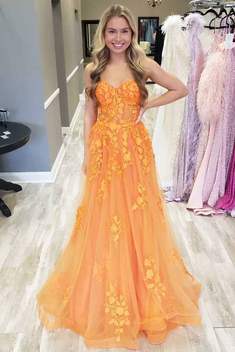 Orange 3D Floral Lace Strapless A-Line Prom Dress
